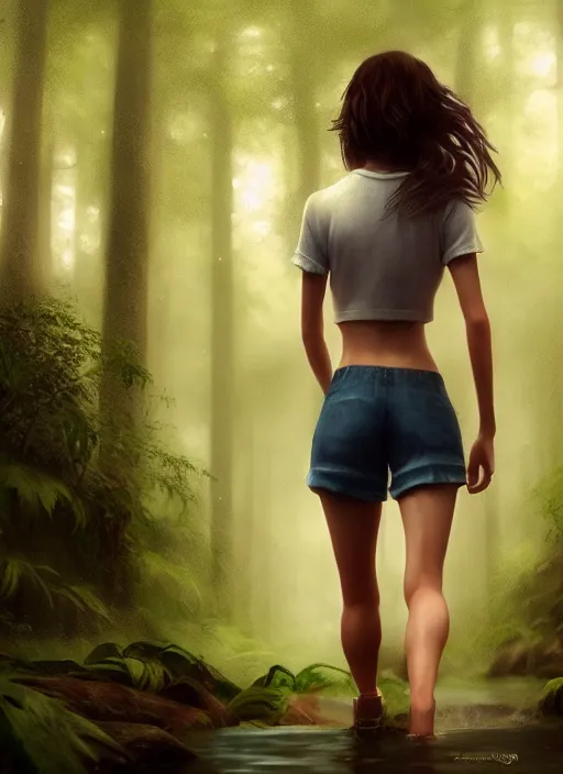 Image similar to young woman walking : : shorts wet shirt : : raining forest nature : : weta disney pixar movie still photo : : decadent highly - detailed digital painting, full length shot, golden ratio, octane render, artstation, smooth, sharp focus, artgerm, mucha, loish, wlop, gogo