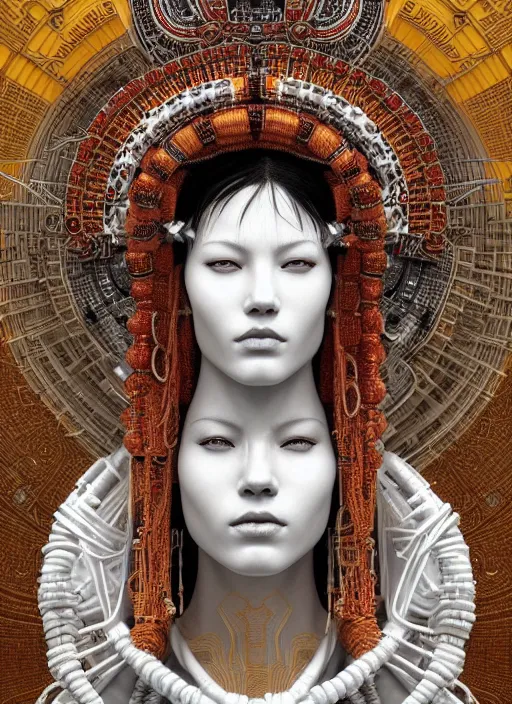 Image similar to white statue!! portrait of a cyberpunk machine, machine face, upper half portrait, decorated with beads, african man, traditional chinese art, intricate, elegant, highly detailed, headpiece, digital painting, artstation, concept art, smooth, sharp focus, illustration, art by artgerm and greg rutkowski and alphonse mucha, 8 k