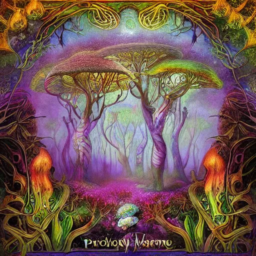 Image similar to psychedelic fantasy forest with glowing mushrooms and eerie trees in the style of Ernst Haeckel and Daniel Merriam, perfect award winning album art