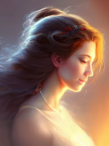Prompt: a beautiful woman. carring aura, good person, delicate and amable, lovelly. intricate, elegant, highly detailed, digital painting, artstation, concept art, sharp focus, illustration, by justin gerard and artgerm, 8 k