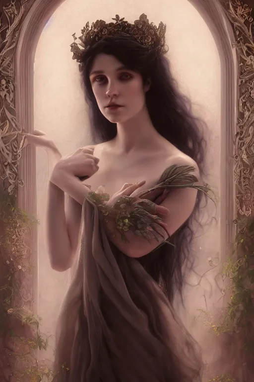 Image similar to a portrait of elegant beautiful dark nymph, queen of the dark fairies, bored, illustration, dramatic lighting, soft details, painting oil on canvas, art nouveau, octane render, HDR, 4k, 8k, HD, by Edmund Blair Leighton, Brom, Charlie Bowater, trending on artstation, faces by Otto Schmit