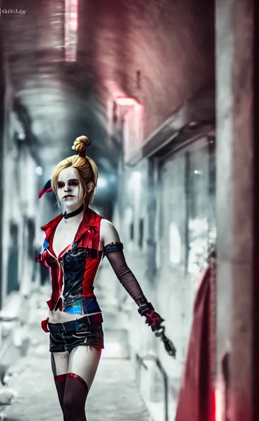 Image similar to Emma Watson as Harley Quinn, glowing, dramatic, cinematic, Sony a7R IV, symmetric balance, polarizing filter, Photolab, Lightroom, 4K, Dolby Vision, Photography Award