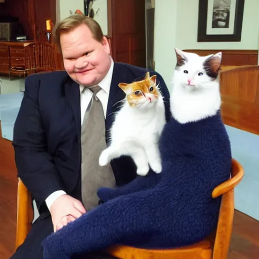 Image similar to Andy Richter wearing a blue dress shirt, necktie, navy dress pants sitting in a chair petting a calico cat