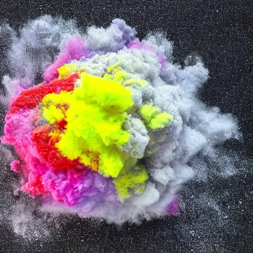 Image similar to A centered explosion of colorful powder on a black background