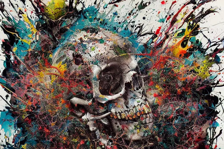 Image similar to a splattered action painting by jackson pollock showing a skull, ultradetailed, fine art painting, peter mohrbacher, moebius, skull carving, frottage, watercolor, acrylic, multilayered paint, spectacular splatter explosion, psychedelic art