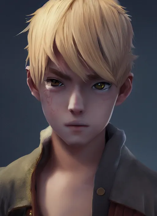 Image similar to An epic fantasy anime style portrait painting of a young blonde boy thief, unreal 5, DAZ, hyperrealistic, octane render, cosplay, RPG portrait, dynamic lighting