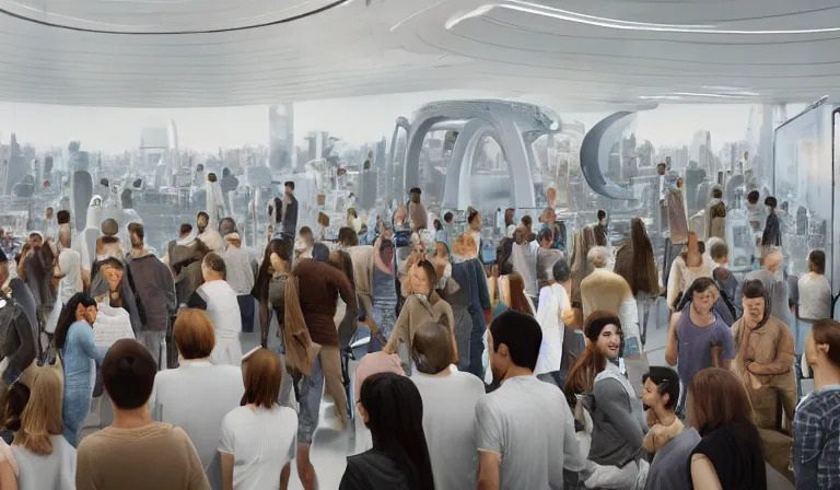 Prompt: crowd of people in simple white museum, looking at hologram of futuristic city on a circular table, cinematic concept art, godrays, golden hour, natural sunlight, 4 k, clear details, tabletop model buildings, center model buildings, hologram center, crane shot, crane shot, crane shot, white walls