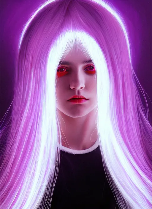 Image similar to hair whitebangs hair, black hair, whitebangs, portrait of teenage girl with white bangs, red irises, purple clothes, white bangs, bangs are different color from hair, intricate, elegant, glowing lights, highly detailed, digital painting, artstation, concept art, smooth, sharp focus, illustration, art by wlop, mars ravelo and greg rutkowski