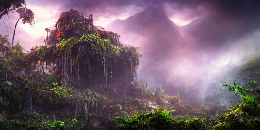 Image similar to a rusty ethereal ghost ship in a prehistoric jungle, lush flora, waterfall, mountains, dark towering clouds, flowers, vines, sunset, hazy, volumetric lighting, rtx on, washed out colors, an award winning digital render, beautiful, stunning, ultradetailed, great composition