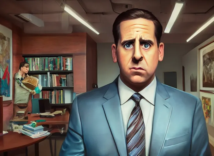 Prompt: ( ( ( portrait painting of the office, michael scott ) ) ) by mike campau and matt stewart, fantasy, photorealistic, octane render, vibrant colors, unreal engine, dynamic lighting, perfect factions, very detailed faces, trending on artstation, poster, volumetric lighting, 4 k, award winning