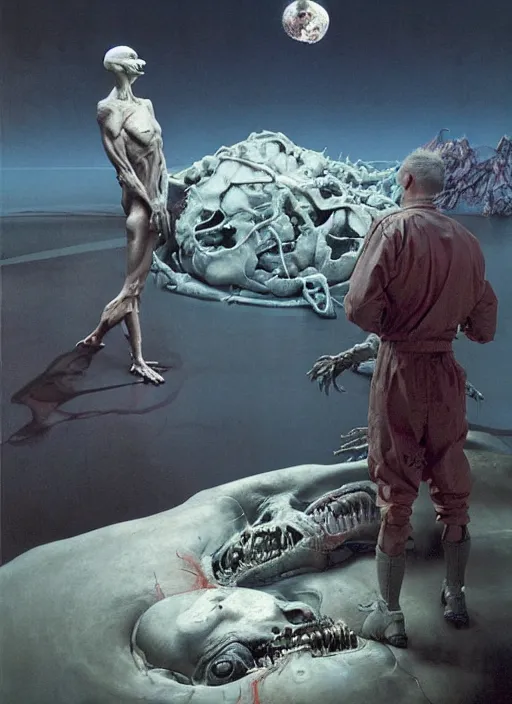 Image similar to hyper realistic end of the world by francis bacon and zdzisław beksinski and norman rockwell and greg rutkowskiweta studio, tokyo futuristic in background, and lucasfilm, still from the movie prometheus in the style of c. leyendecker, realm of the ovarian machine, horror art, the darkest hour