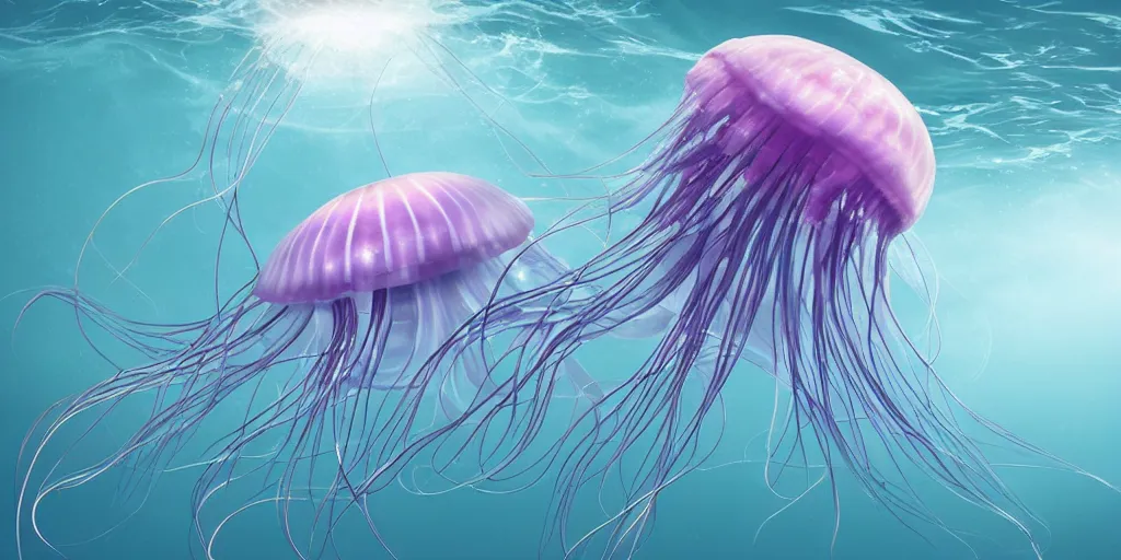 Prompt: futuristic gigantic jellyfish underwater photorealistic