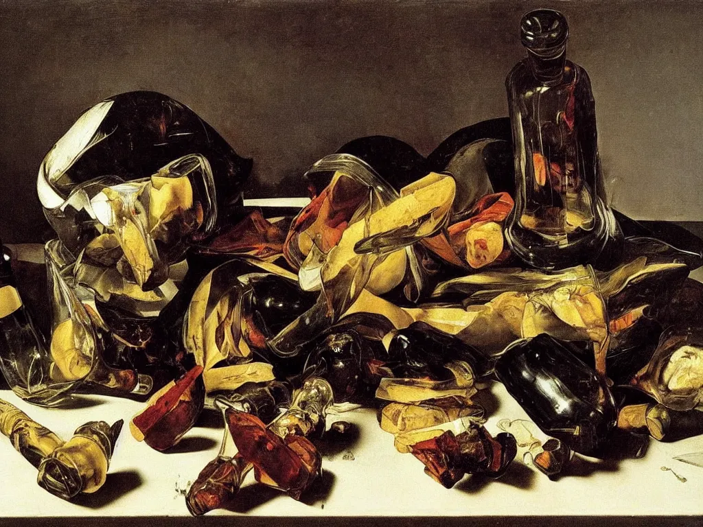 Image similar to by Michelangelo Merisi da Caravaggio Still Life with shattered and whole wine bottles