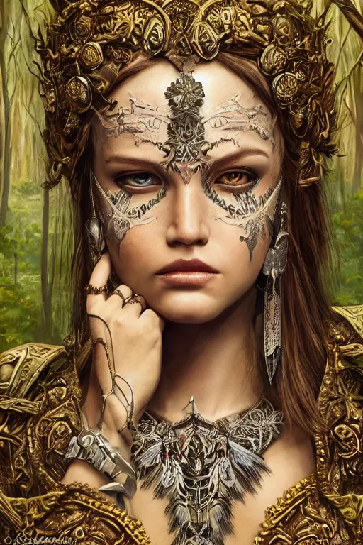 Image similar to oil painting of fantasy female warrior, symmetrical beautiful clean face, intricate jewellery, filigree armour, tribal tattoos, big earrings, shining eyes, crystals, covered in plants, standing in the mystical forest, realistic oil painting, baroque, renaissance painting, dramatic, cinematic light, trending on artstation, rule of thirds, highly detailed, 8 k