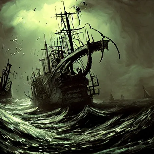 Prompt: kraken breaking a pirate ship, lovecraftian, horror, dark, scary, fantasy