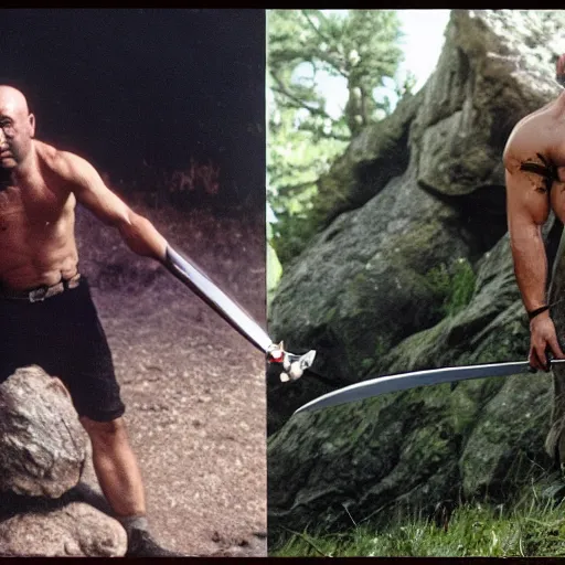 Prompt: joe rogan pulling the sword from the stone