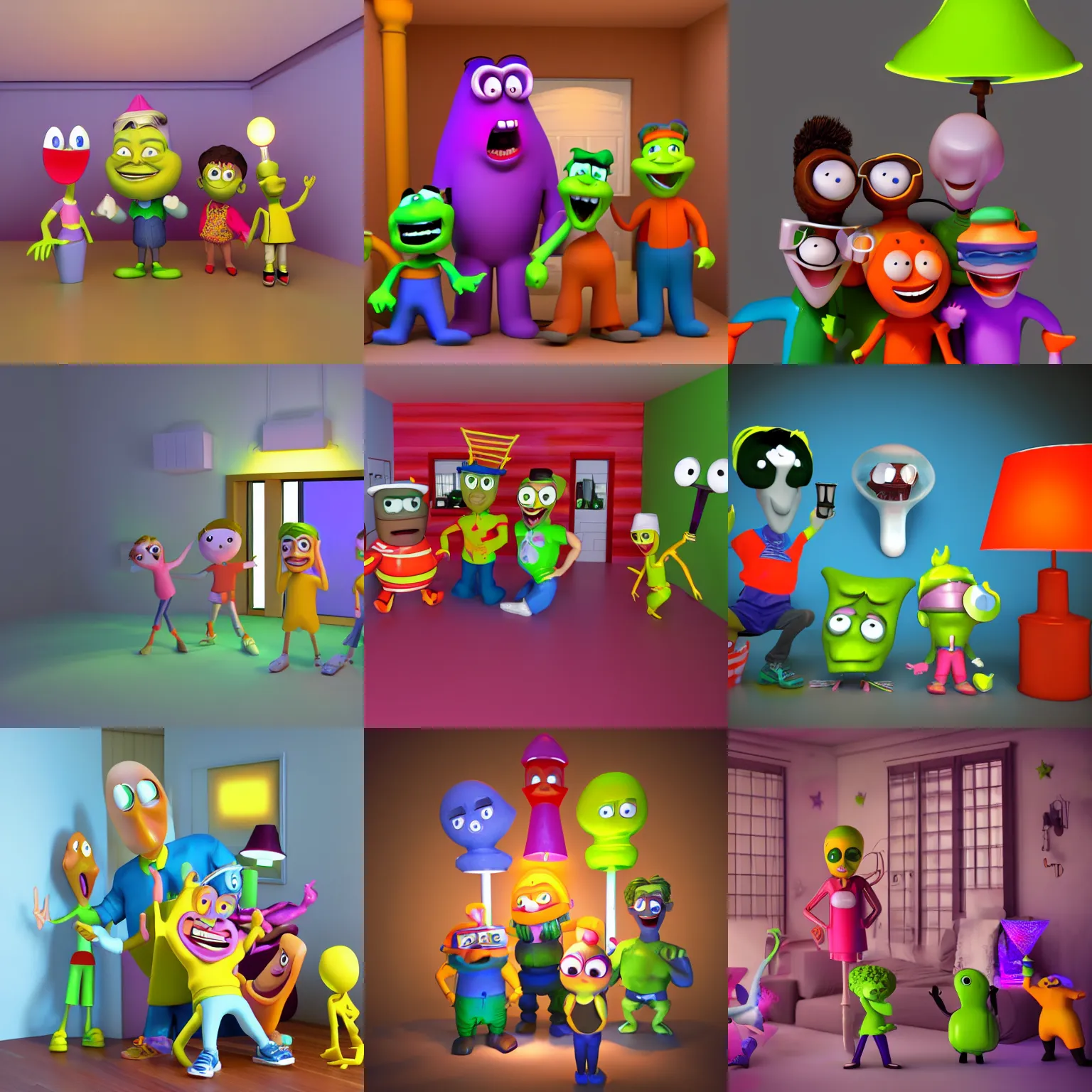 Prompt: 9 0 s 3 d render of nickelodeon characters in a crazy house, lit by a lamp
