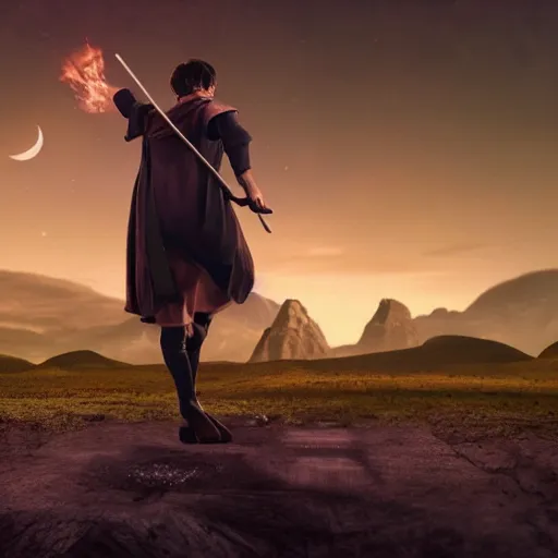 Image similar to Harry potter riding a broomstick, back view, cinematic shot, movie still, nighttime, motion lines, photorealistic, intense scene, visually coherent, symmetry, rule of thirds, movement, vivid colors, crescent moon, Tooth Wu, Asher Duran, Greg Rutkowski, Minor Blur, 8k