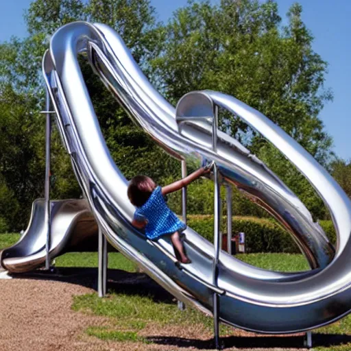 Prompt: chrome metal slide on fire, terrified child on the slide