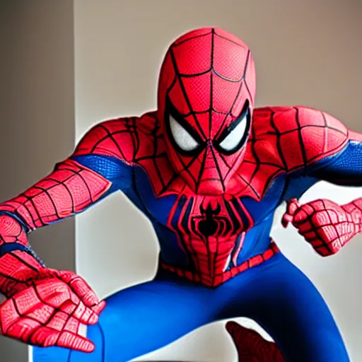 Image similar to man dressed as spiderman taking medicine for headache