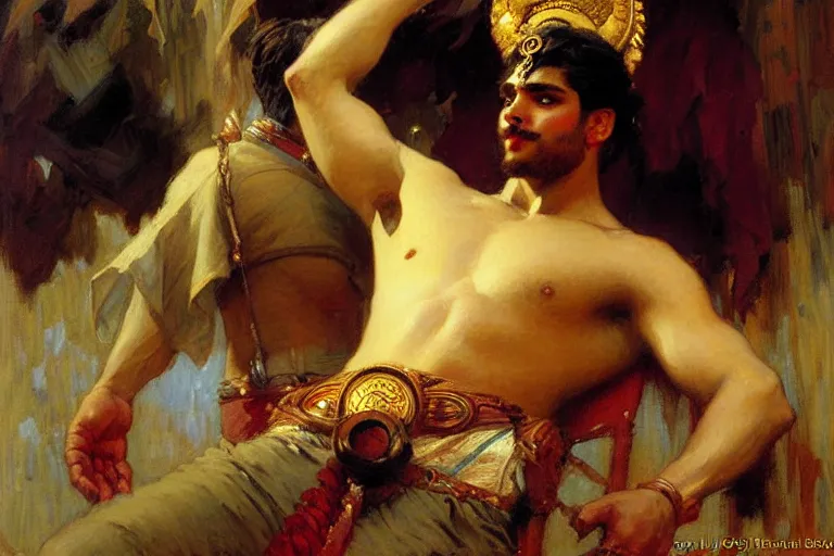 Image similar to attractive male, hinduism, painting by gaston bussiere, greg rutkowski, j. c. leyendecker