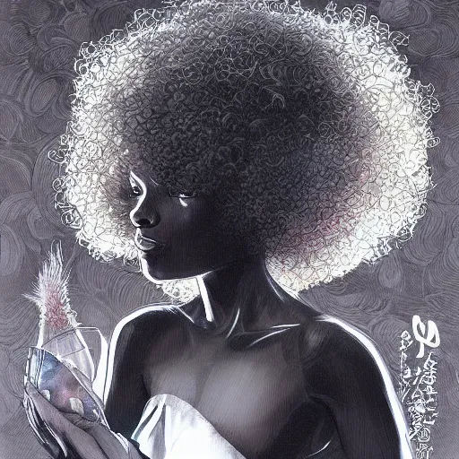 Prompt: black woman with afro serving mushrooms by artgerm yoshitaka amano