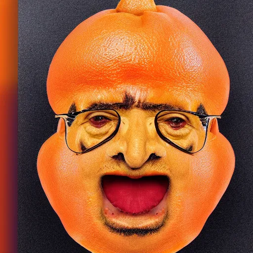 Image similar to An orange fruit with danny devito's face protruding out