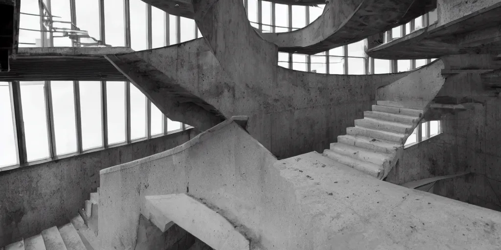 Prompt: staircase, brutalist, the parallax view, cinematic, atmospheric, shot on arri alexa