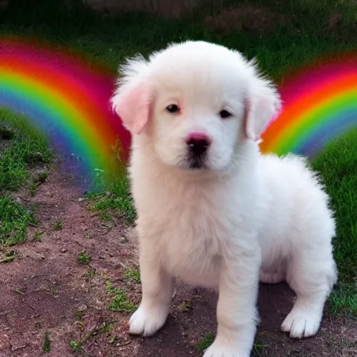 Image similar to a an adorable pink fluffy puppy with under a rainbow
