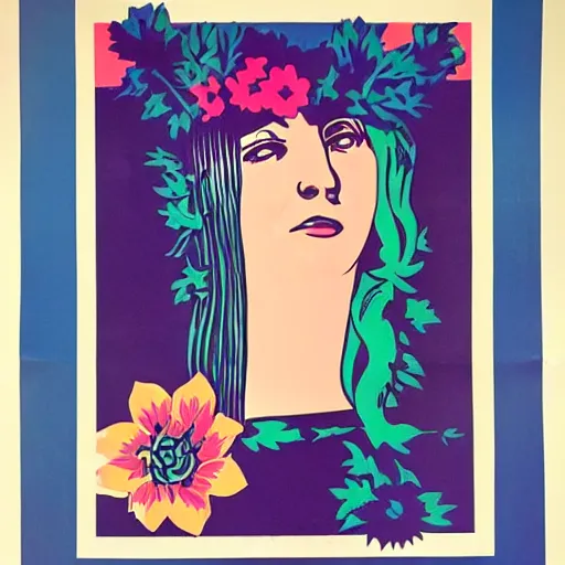 Prompt: 70s graphic design poster with a woman’s face, flower child, groovy, retro, hippie