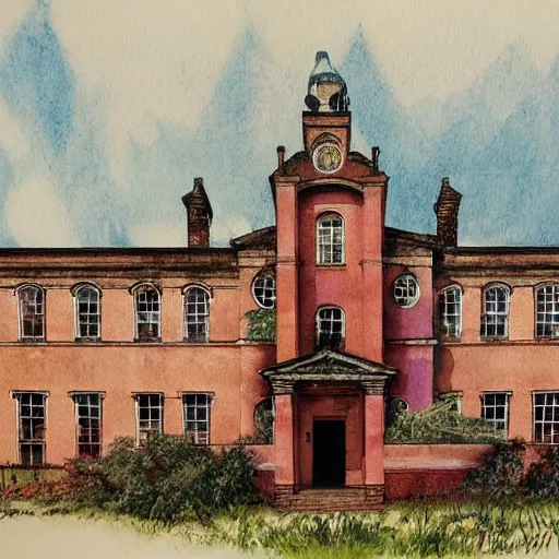 Image similar to front view of overgrown denbigh asylum aka the north wales hospital, full color, hyperrealistic, nice colour scheme, soft warm colour. studio gibli. beautiful detailed watercolor by lurid