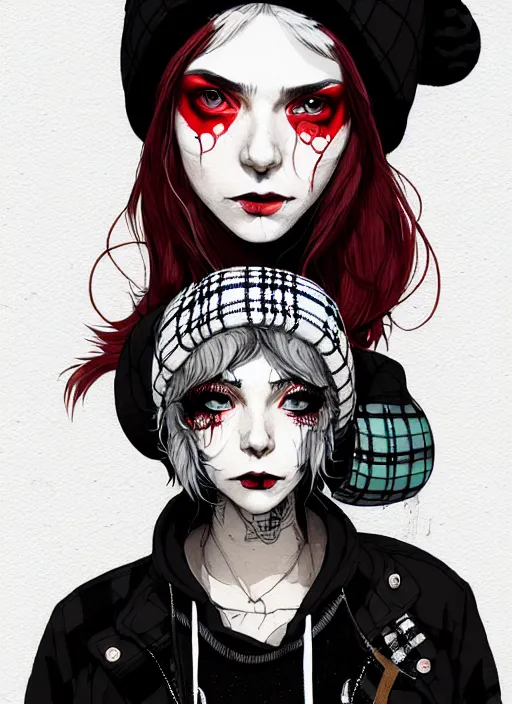 Image similar to highly detailed 3 / 4 profile portrait of an new york sewer punk lady student, eyes, tartan hoody, hat, white hair by atey ghailan, by greg tocchini, by kaethe butcher, by james gilleard, gradient red, black, brown, cream and white color scheme, grunge aesthetic!!! ( ( graffiti tag wall ) )