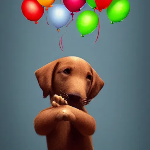 Image similar to puppy flying holding balloons, 8k, fantasy, intricate, cinematic lighting, highly detailed, digital painting, artstation, concept art, smooth, sharp focus, illustration, by Pixar