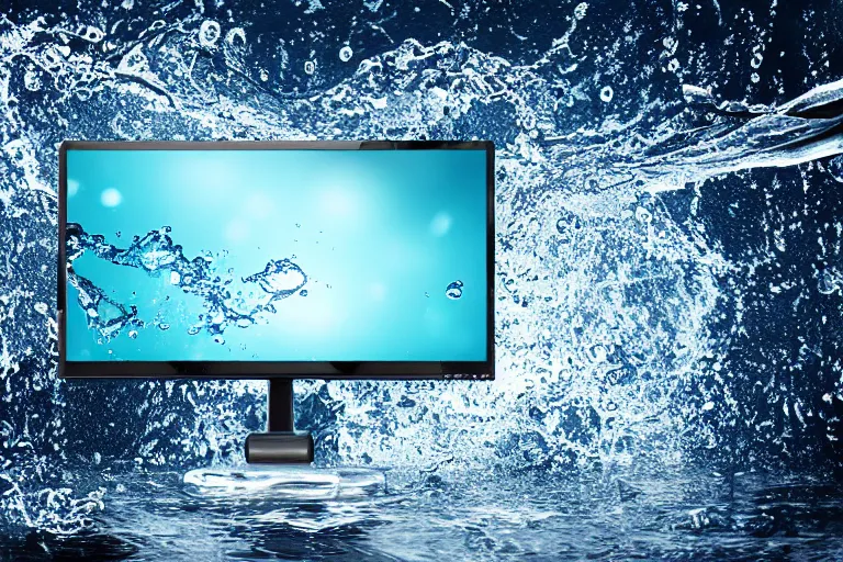 Prompt: 16:9 monitor with splashes of water on the screen