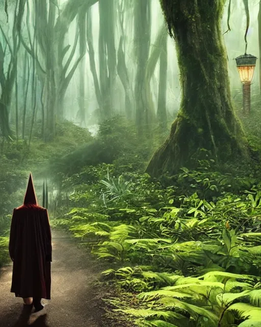 Prompt: a powerful wizard walking towards an ominous creature in a densely overgrown, eerie jungle, fantasy, stopped in time, dreamlike light incidence, ultra realistic