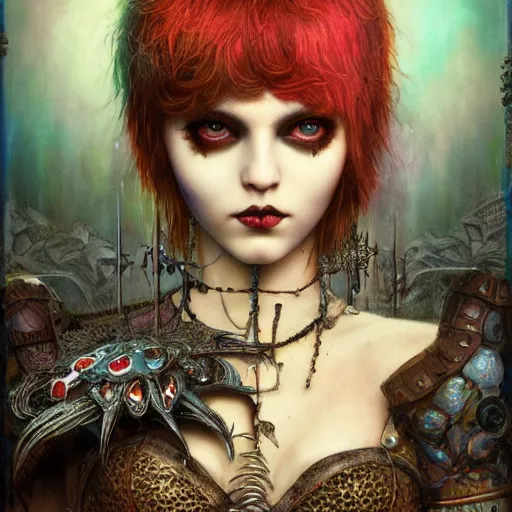 Prompt: photorealistic portrait of a curiosities carnival, single doll punk in a full gothic armor, multiple dyed colors haircut, marvel, symmetry accurate features, focus, rainbow lighting, very intricate details, award winning masterpiece, by tom bagshaw, ultra deep fog background