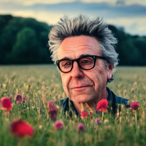 Prompt: rick sanchez, face to camera walking in a field. france, dordogne, hills, ultra high, face to camera, detail, 8 k, sunset, flowers, trees, river, hills, octane render.