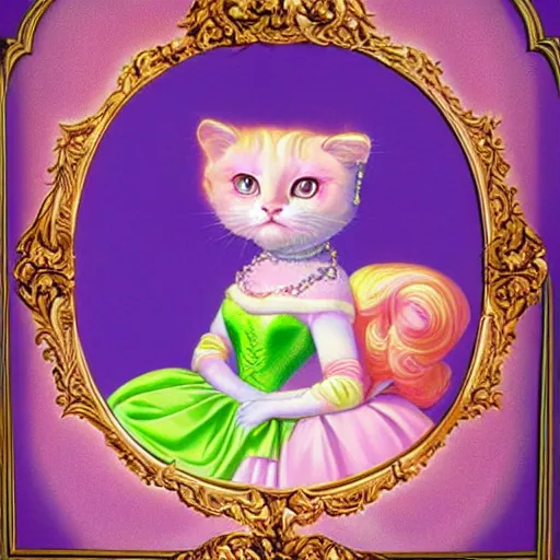 Prompt: baroque rococo pastel cat princess Greg Hildebrandt Lisa frank portrait