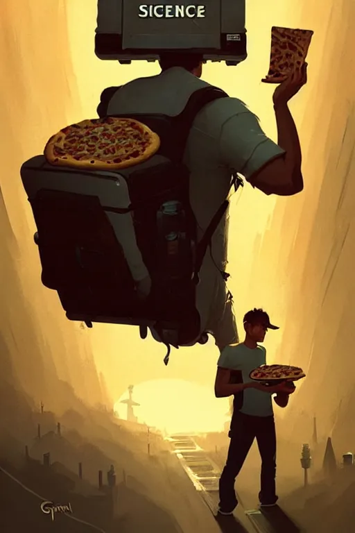 Prompt: greg rutkowski travel poster science fiction pizza delivery man