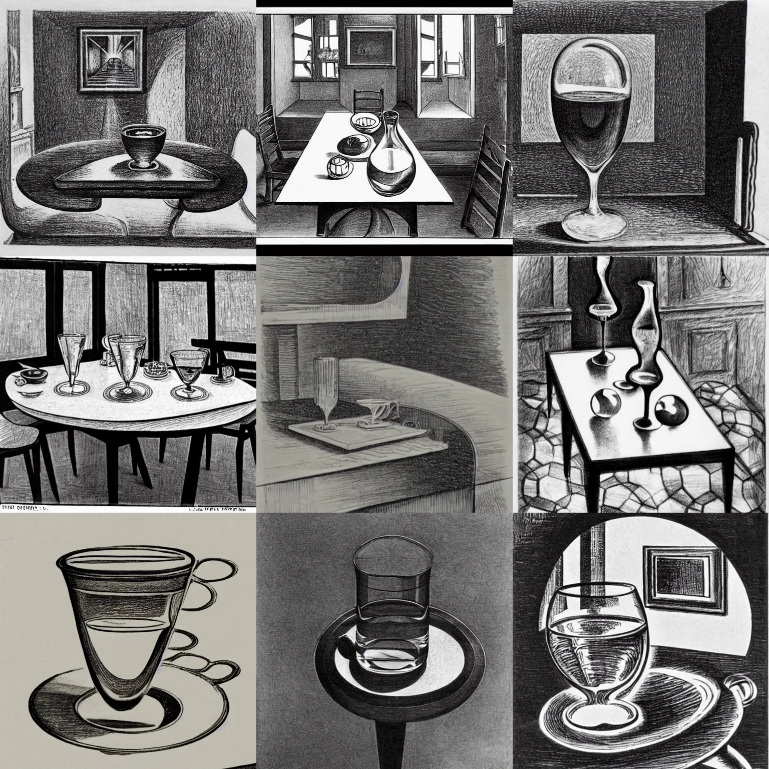 Prompt: A glass on a coffe table, sketch by M.C Escher