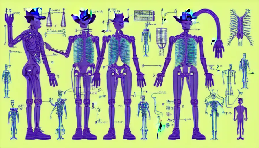 Image similar to technical diagram blueprint of anthropomorphic anatomical sip technician, cyborg cowboy technical diagram, anthropomorphic nootropic commission system, humanoid cowboy snake man machine blueprint, performance enhanced salesman anatomy, snake oil sip tech technical blueprint plan with subtle purple green iridescent sheen