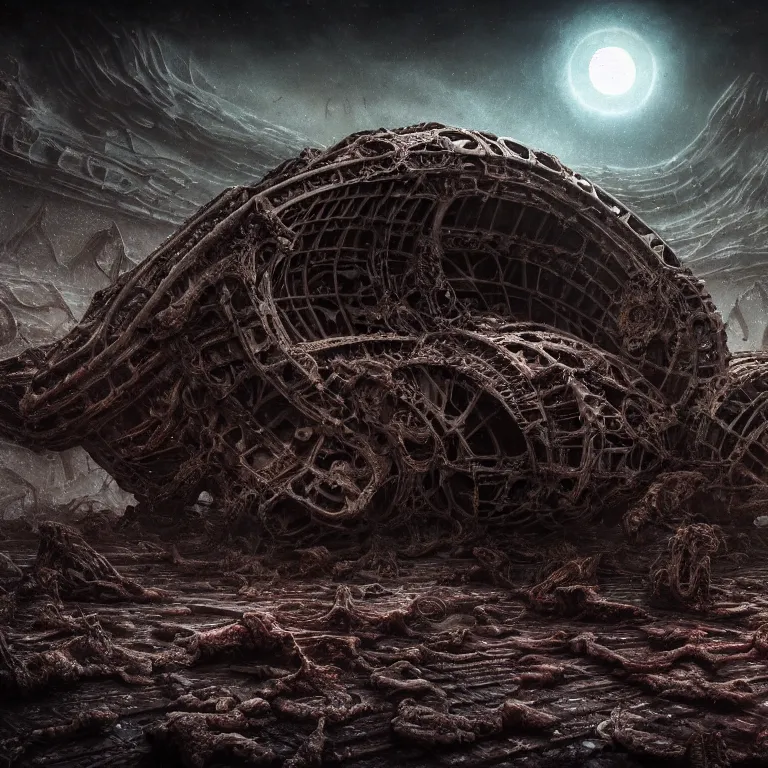 Image similar to portrait of ribbed abandoned biomechanical organic crashed spaceship on exoplanet in a desolate empty wasteland, covered with organic flesh, meat, creepy, nightmare, dream-like heavy atmosphere, surreal abandoned buildings, baroque painting, beautiful detailed intricate insanely detailed octane render trending on Artstation, 8K artistic photography, photorealistic, chiaroscuro, cinematic volumetric light, Raphael, Caravaggio, Beksinski, Giger