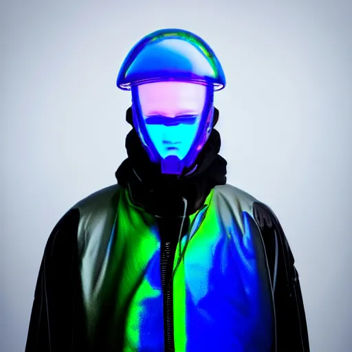 Image similar to an ultra high definition professional studio quality photograph of an artificially intelligent cyberpunk art influencer wearing a transparent iridescent pastel coloured face visor and matching squid based raincoat on white coat hook in a sheer icelandic black rock environment. dramatic lighting. volumetric shadows. light rays