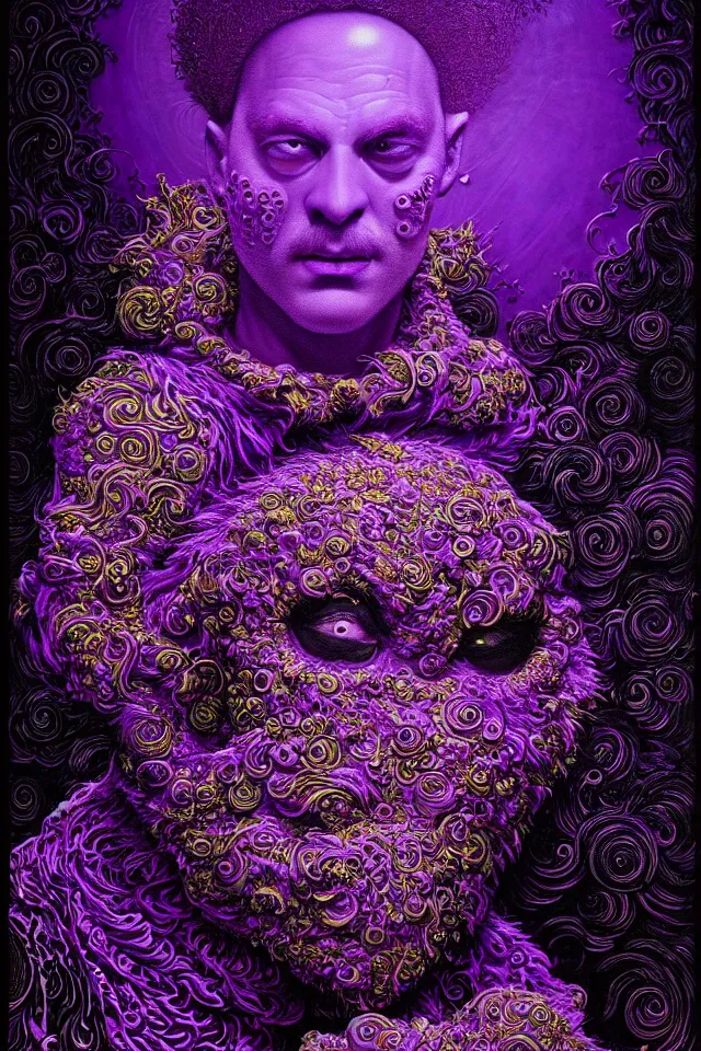 Prompt: bizarre purple blacklight detailed renaissance portrait of cookie monster as a highly detailed realistic real life person, dramatic cinematic lighting, 8 k, beautiful intricate painting by james r eads, ron mueck and tomasz alen kopera