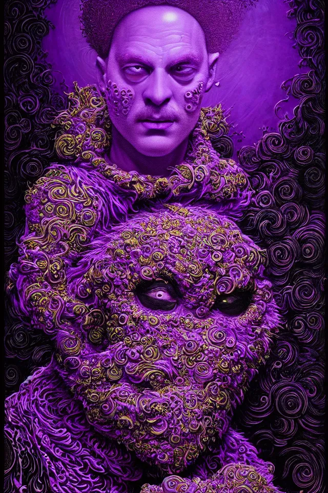 Image similar to bizarre purple blacklight detailed renaissance portrait of cookie monster as a highly detailed realistic real life person, dramatic cinematic lighting, 8 k, beautiful intricate painting by james r eads, ron mueck and tomasz alen kopera