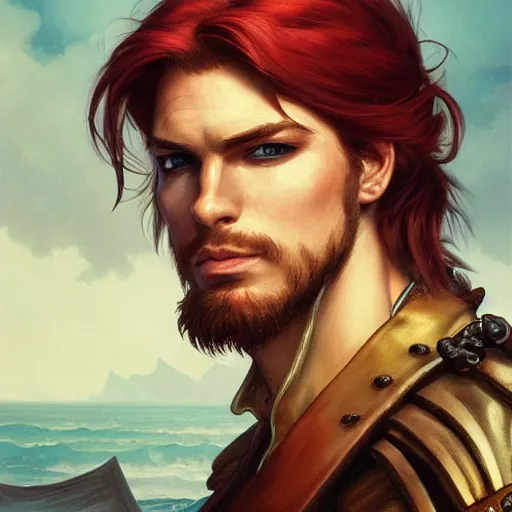 Image similar to portrait of a young pirate captain, male, masculine, handsome, upper body, red hair, long hair, D&D, fantasy, intricate, elegant, highly detailed, digital painting, artstation, concept art, sensual, matte, sharp focus, illustration, art by Artgerm and Greg Rutkowski and Alphonse Mucha