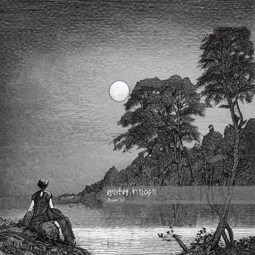 Image similar to wanderer at a lake, forest, dark clouds, moon, nightsky, moonrays, shadows, high detail, gorgeous view, depth, illustration by Gustav Doré