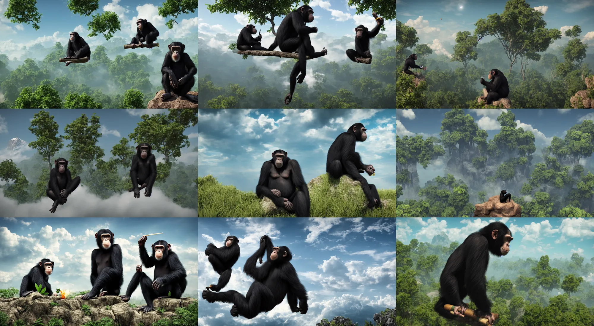 Prompt: unreal engine 5, 8 k, | a beautiful chimpanzee sitting amongst the clouds, high in the sky, smoking a joint and getting high as cloud 9 | 4 2 0 friendly apes with blunts in the clouds