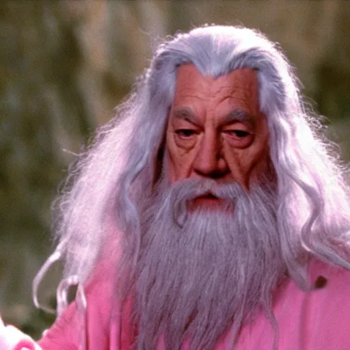 Prompt: gandalf wearing a light pink robe, wearing a large hello kitty hair clip, movie still from the lord of the rings