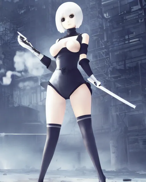 Image similar to 2B from Nier Automata and with slender body type standing in front of a large building holding a pistol, cartoon illustration, 8k